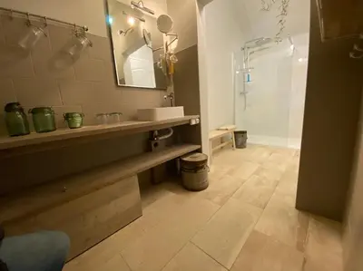 a bathroom with a sink and a mirror and a shower at Den 118, aan de Maas in Maasmechelen
