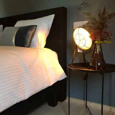 a bed with a lamp on a table with a vase of flowers at Huis Berenbroek in Genk