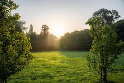 a field of grass with the sun setting in the background at Vakantie Logies de Kleine Motte in Sint-Truiden