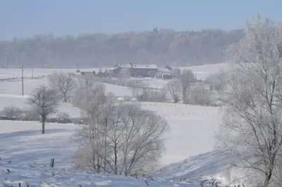 a snow covered field with a house and trees at Hoeve Espewey Cottage in Hombourg