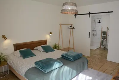 a bedroom with a bed with blue pillows on it at Vakantiewoning Het Wielje Maasland in Kinrooi