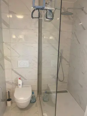 a bathroom with a shower and a toilet at Nummer 151 villastudios in Hasselt