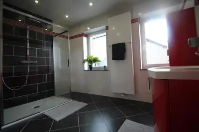 a bathroom with a shower and a sink at Appart Nicolas in Eupen