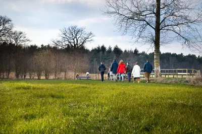 a group of people walking in a field at De Zwaluwhoeve in Peer