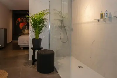 a bathroom with a shower with a plant in it at Boulevard Botanie city apartment with parking in Hasselt