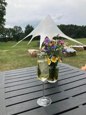 a glass of wine and a vase of flowers on a table at Natuur-like Glamping in Bosland in Pelt