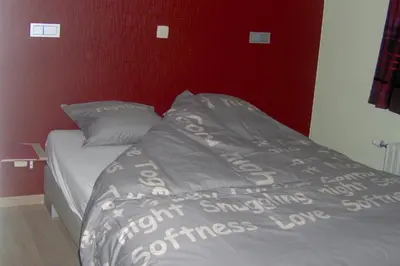 a bed in a bedroom with a red wall at De Zilveren Helm in Halen