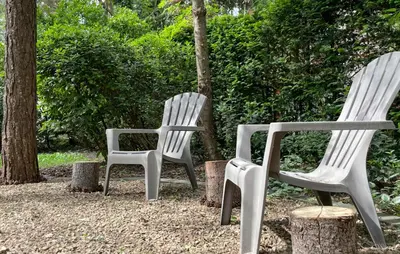 two white chairs sitting next to some trees at Sonnevijver Vijverdorp-Waterl in Bovenwezet