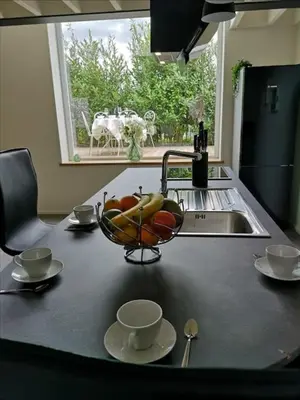 a kitchen counter with a bowl of fruit and a sink at Ô'bel Écrin in Aubel
