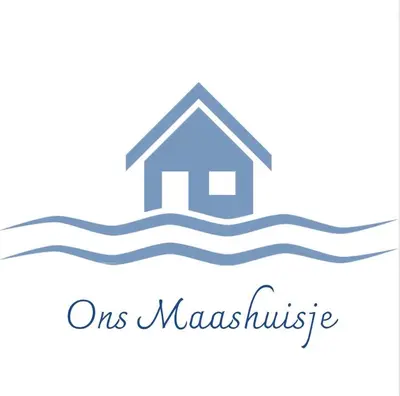 a house in the water with the words onesmassulse at Ons Maashuisje in Maaseik