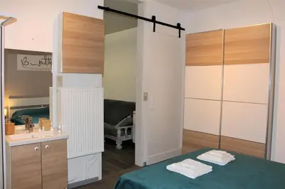 a bathroom with a bed and a sink and a mirror at Elena's Apartment in Liège
