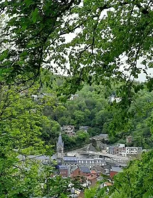 a view of a city from behind some trees at La douce Rive in Esneux