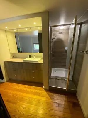 a bathroom with a shower and a sink at bij Petros in Oudsbergen