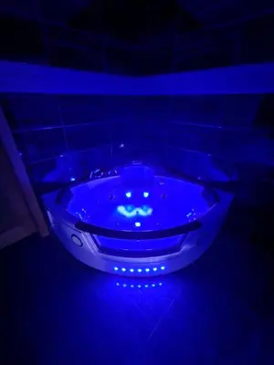 a blue sink with a face painted on it in a bathroom at Tendresse - Espace Détente Ensival in Verviers