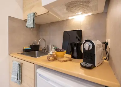 a kitchen counter with a toaster and a sink at La Chambre Suspendue by Maison Brasseurs d'Etoiles - Appartement 2 personnes in Liège