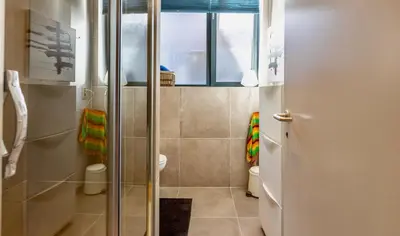 a bathroom with a shower and a toilet and a window at Le Studio Compostelle by Maison Brasseurs d'Etoiles - Appartement 2 personnes in Liège