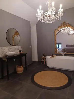 a bathroom with a tub and a sink and a mirror at Luxe-kamer Bed en Bokes in Drieslinter