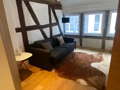 a living room with a couch and a table at TRIPLEX NEUVICE in Liège