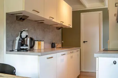 a kitchen with white cabinets and a sink at Boshuisje Rekem - Rivus in Lanaken