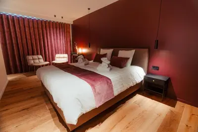 a bedroom with a large bed and a red wall at Domaine des Thermes in Awans