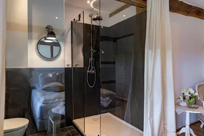 a bathroom with a shower with a toilet and a bed at La belle Maison in Sippenaeken
