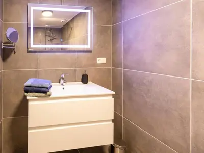 a bathroom with a sink and a mirror at Maasmechelen Duplex Retreat in Maasmechelen