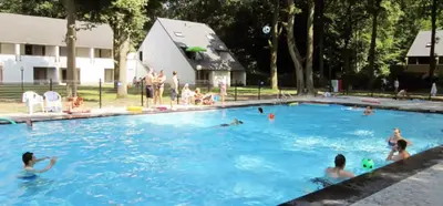 a group of people swimming in a swimming pool at Bos-Chalet bij Wijers Wandelroutes, Rust & Gezinsplezier Fijnspar 108 Hengelhoef in Houthalen-Helchteren