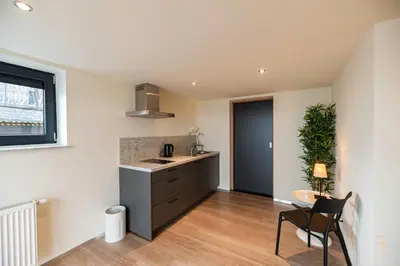 a kitchen with a counter and a table and chairs at Smart Bnb - Appart Hotel Battice in Herve