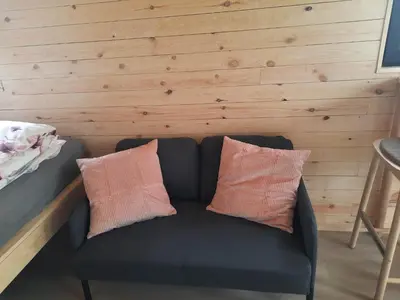 a black couch with two pink pillows on it at La roulotte de Soiron in Pepinster