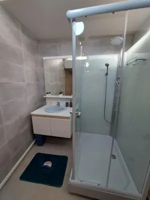 a bathroom with a glass shower and a sink at Le Pepin Dort in Pepinster