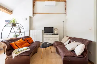a living room with two leather couches and a tv at Domein Tombos in Gingelom