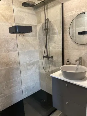 a bathroom with a sink and a shower at L’émeraude in Liège