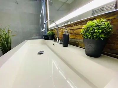 a bathroom with a sink with plants on it at Superbe appartement chic et design in Seraing